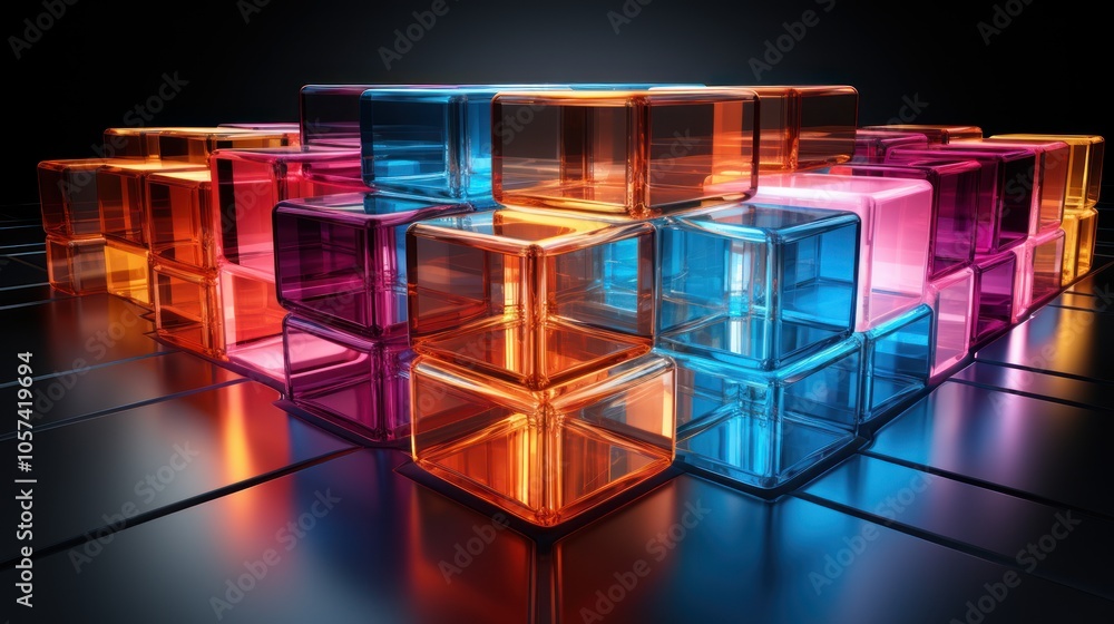 Poster a vibrant arrangement of translucent blocks in various colors on a reflective surface.