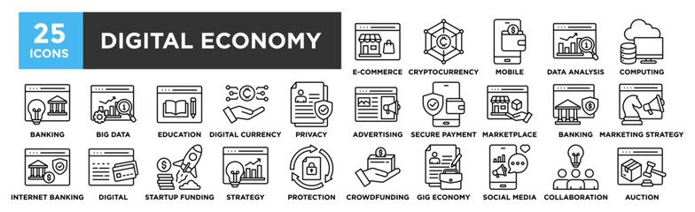 Digital Economy icon collection set. Containing design Cryptocurrency, E-commerce, Mobile Payment, Data Analysis, Cloud Computing