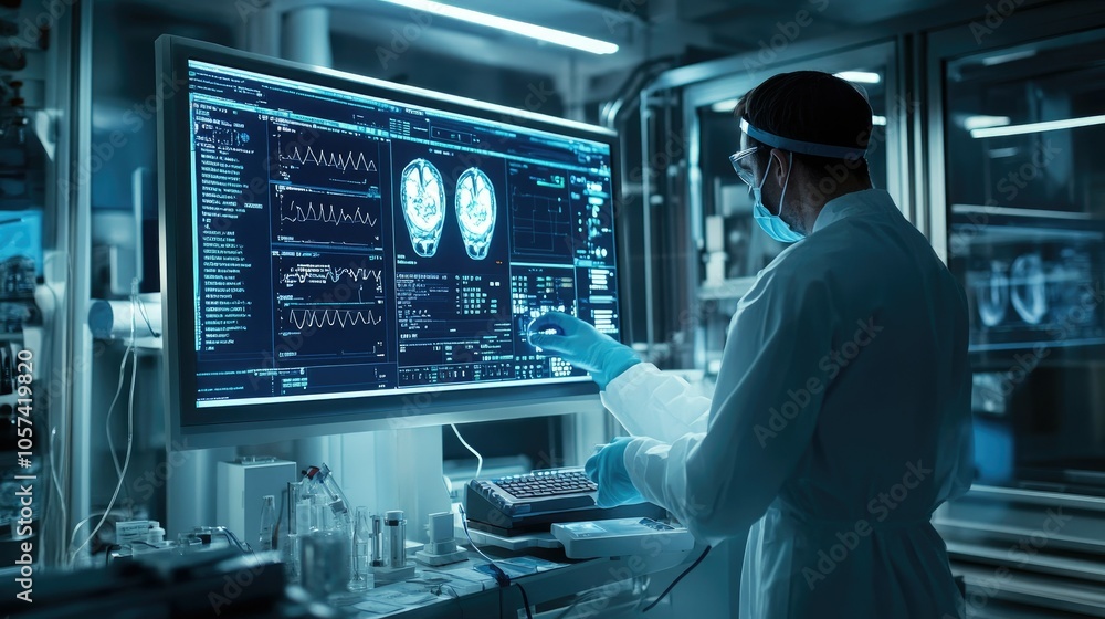 Poster Cleanroom with engineer programming software for medical electronic devices, UI on screen