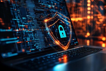 A digital security shield symbol appearing on a laptop screen amidst glowing binary code and light effects during nighttime