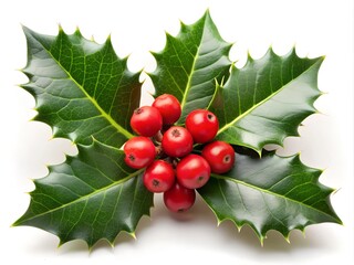 Holly Green Branch with Red Berries for Christmas Decorations On White transparent background, White Transparent Photo, White Transparent Element