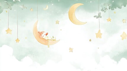 Soft pastel children's wallpaper featuring stars and moons, creating a calming atmosphere for a child's room.