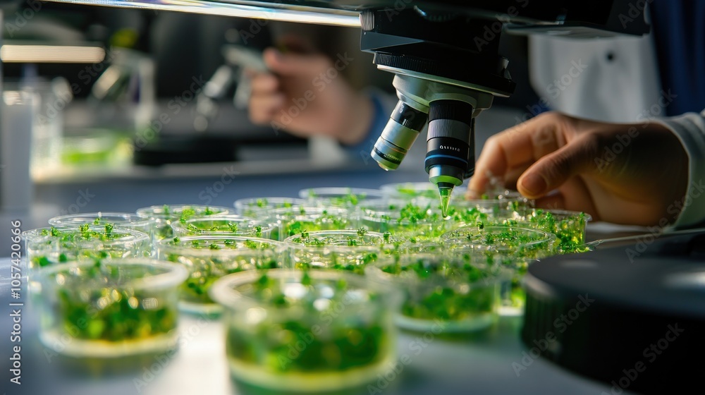 Poster close-up of synthetic tissue culture with researchers analyzing under advanced lab microscopes