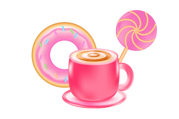 Cute 3D pink cappuccino coffee cup with donut, candy can isolated, transparent PNG. Coffee mug with glowing plastic texture. Great for cafe menu, delivery price, discount sale, commercial presentation