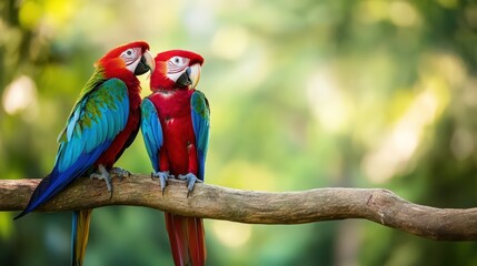 Obraz premium Two ara parrots on brunch with green background.