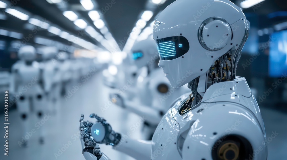 Poster Futuristic robots in a high-tech environment, showcasing advanced technology and design.