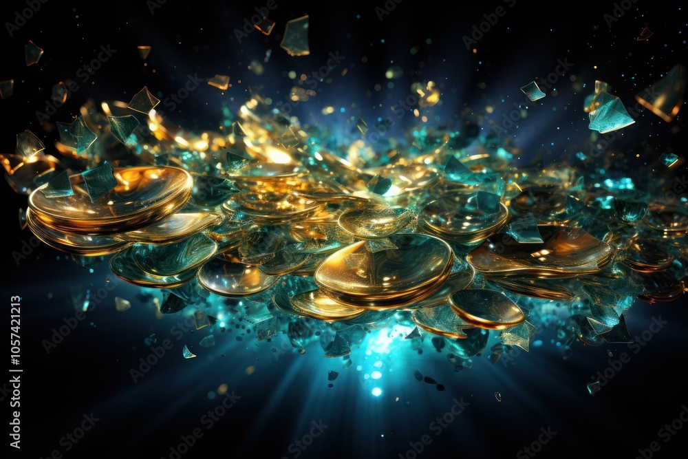 Poster a vibrant explosion of golden coins and shards, creating a dynamic visual effect.