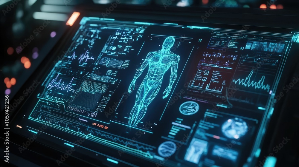 Poster Concept of AI in healthcare, futuristic interface for patient monitoring and data analysis