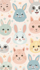 Cute Animal Faces in Pastel Colors on Light Background