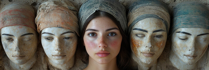 A young woman stands calmly in front of artistic masks, each displaying vibrant colors and unique facial features, during daylight hours