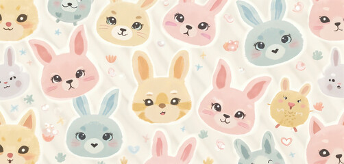 Cute Cartoon Animal Faces with Bunnies and Bears in Pastel Colors