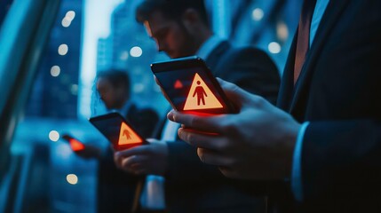 Three businessmen holding smartphones displaying a caution symbol for pedestrians.