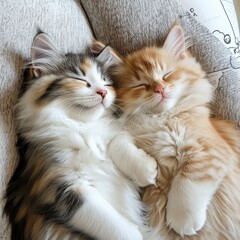 Adorable Fluffy Kittens Sleeping Together on Cozy Blanket - Cute Calico and Orange Feline Companions in Relaxed Pose Show Perfect Cat Nap - Pet Photography