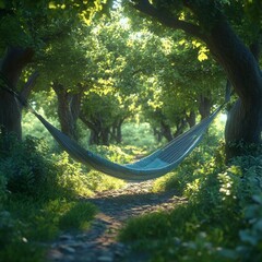 Obraz premium Forest escape, hammock between trees, serene nature, 3D illustration