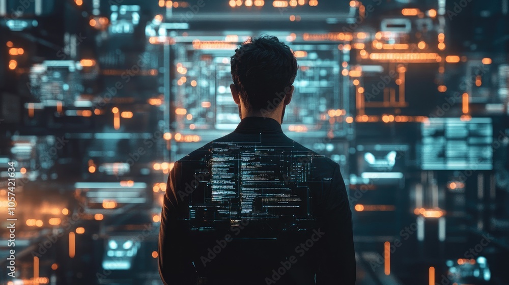 Poster Concept of artificial intelligence integration with human thoughts visualized in high-tech graphics
