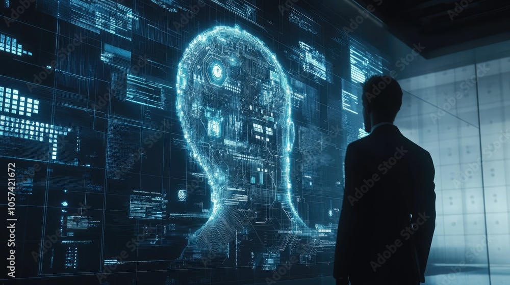 Poster Concept of artificial intelligence integration with human thoughts visualized in high-tech graphics
