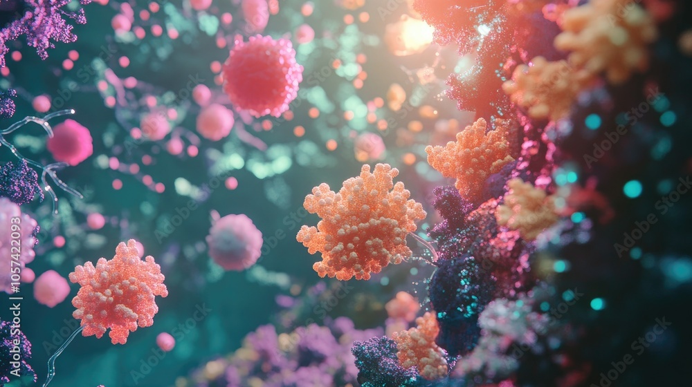 Poster Conceptual image of biotech regeneration, showing cells and molecular structures in vivid color gradients