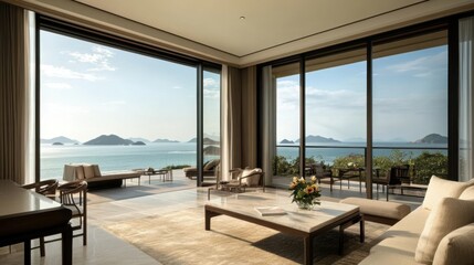 Fototapeta premium Hotel suite with a large terrace offering a view of the ocean