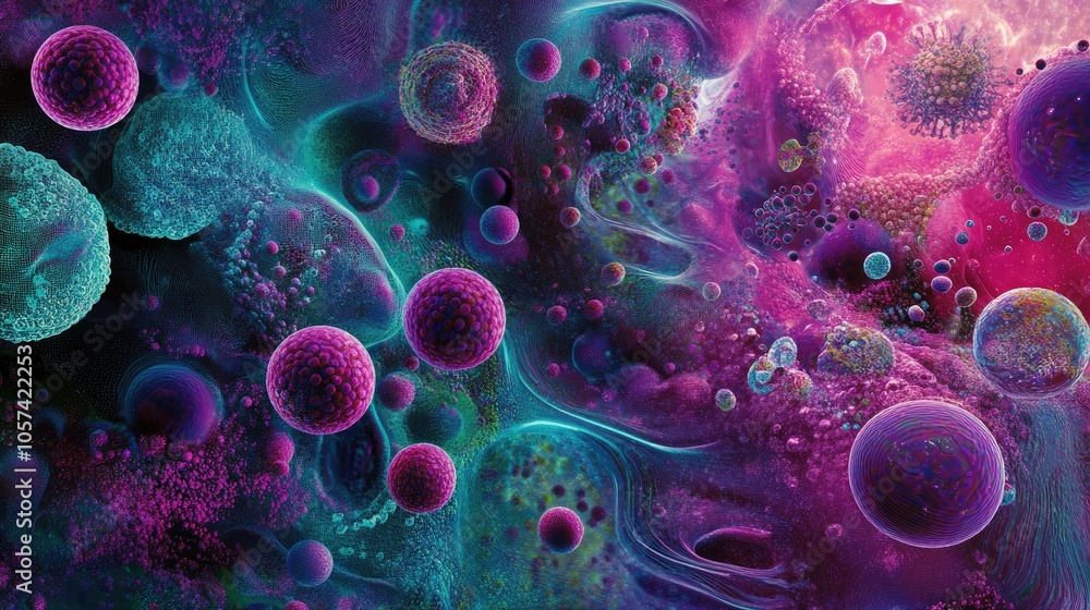 Poster Conceptual image of biotech regeneration, showing cells and molecular structures in vivid color gradients