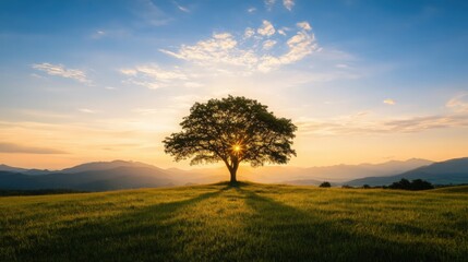 World environment day concept Silhouette alone tree on beautiful meadow wallpaper background
