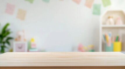Empty desk for product display on defocused children room background