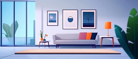 A modern, minimalist living room featuring a gray sofa, colorful cushions, artworks on the walls, and indoor plants, creating a bright and inviting atmosphere.