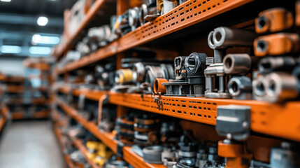 Fototapeta premium Close-up view of industrial metal parts and accessories arranged on orange shelves in a hardware store or warehouse, showcasing various mechanical components and fittings.