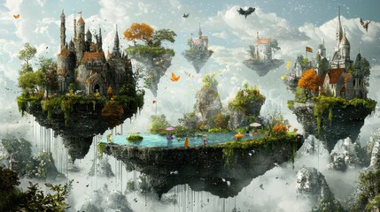 A whimsical fantasy landscape featuring a magical realm with floating islands, mythical creatures, and colorful characters exploring the enchanting environment.