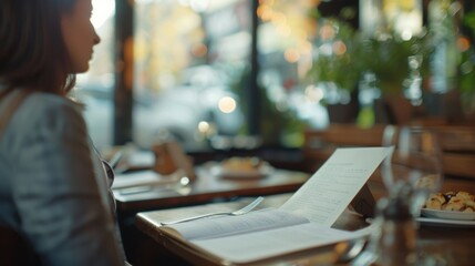 Softly blurred faces peering over menus discussing potential collaborations and business opportunities.