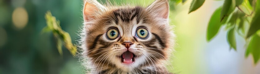 Adorable kitten with a shocked expression, open mouth and wide eyes, on a green background, playful and sweet