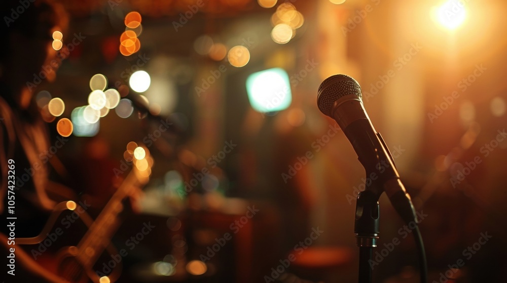 Poster blurry faces and indistinct voices blend together at the open mic event creating a sense of communit