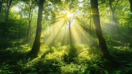 Fototapeta premium Lush green forest with sunlight filtering through the trees