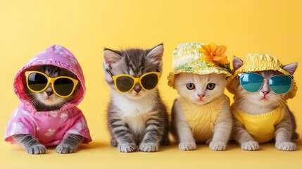 Four stylish kittens wearing sunglasses and colorful outfits against a yellow background.