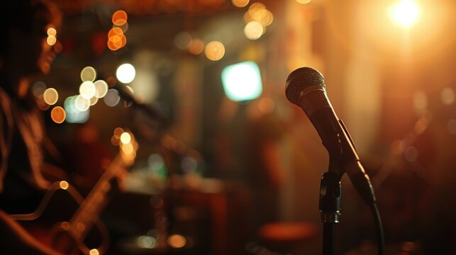 Blurry faces and indistinct voices blend together at the open mic event creating a sense of community and shared creativity.