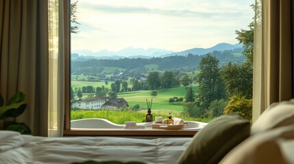 Luxurious hotel room with a view of a peaceful valley