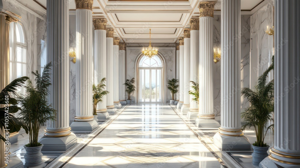 Poster elegant hallway with marble floors, tall columns, and natural light filtering through windows.