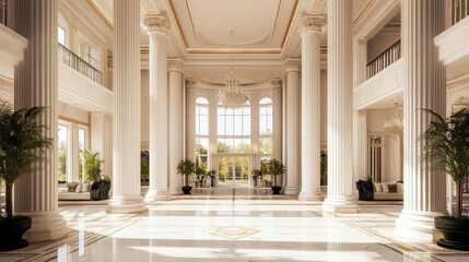 Fototapeta premium Elegant lobby with tall columns, large windows, and decorative plants.