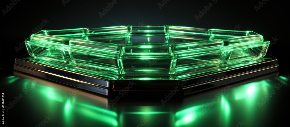 Poster a glowing hexagonal display stand with transparent green sections, suggesting a futuristic design.