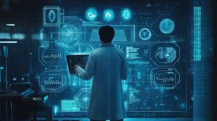 Doctor reviewing electronic medical records, surrounded by futuristic medical icons, in a clinical setting