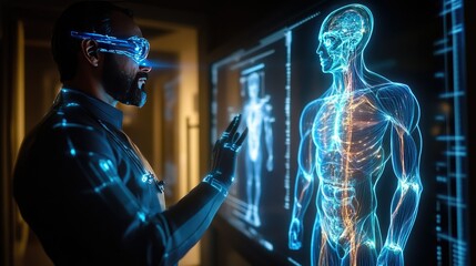 Doctor using a 3D holographic display of a human body for in-depth medical examination and insights
