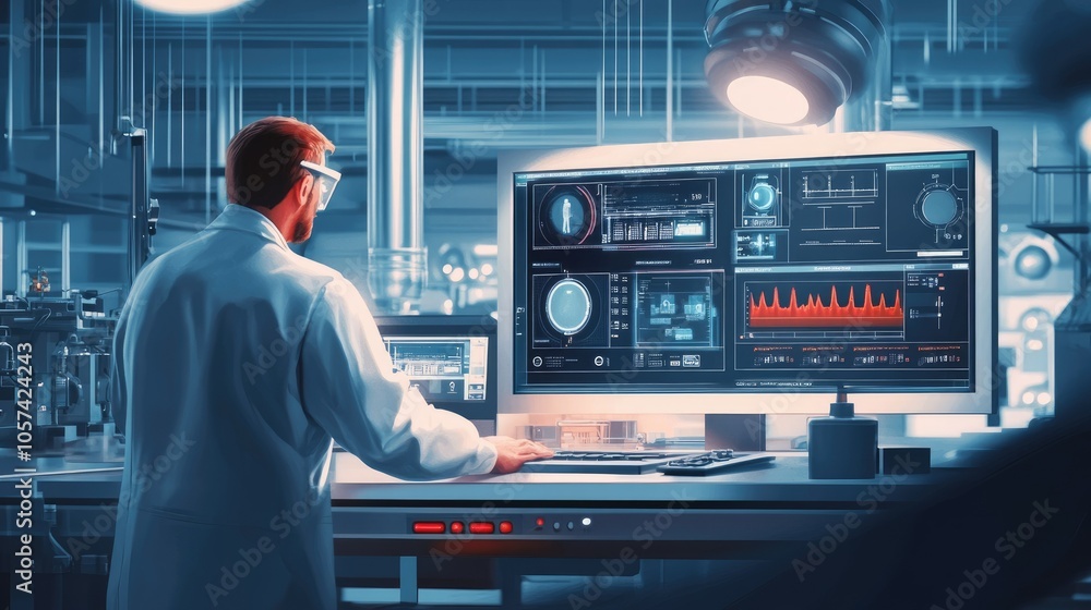 Poster Electronics factory with scientist at computer, screens showing diagnostic control software UI