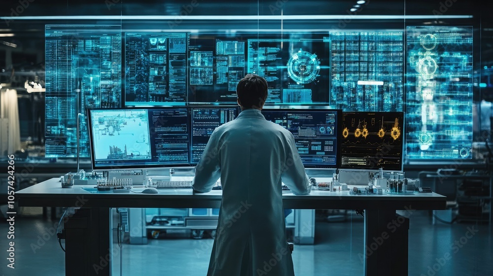 Poster Electronics factory with scientist at computer, screens showing diagnostic control software UI