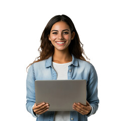 Smiling, cheerful woman standing with laptop on transparent background.