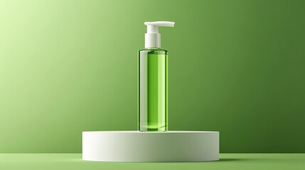 Sleek green liquid soap dispenser on white pedestal against vibrant green background, embodying eco-friendly cleanliness and modern minimalist design aesthetics.