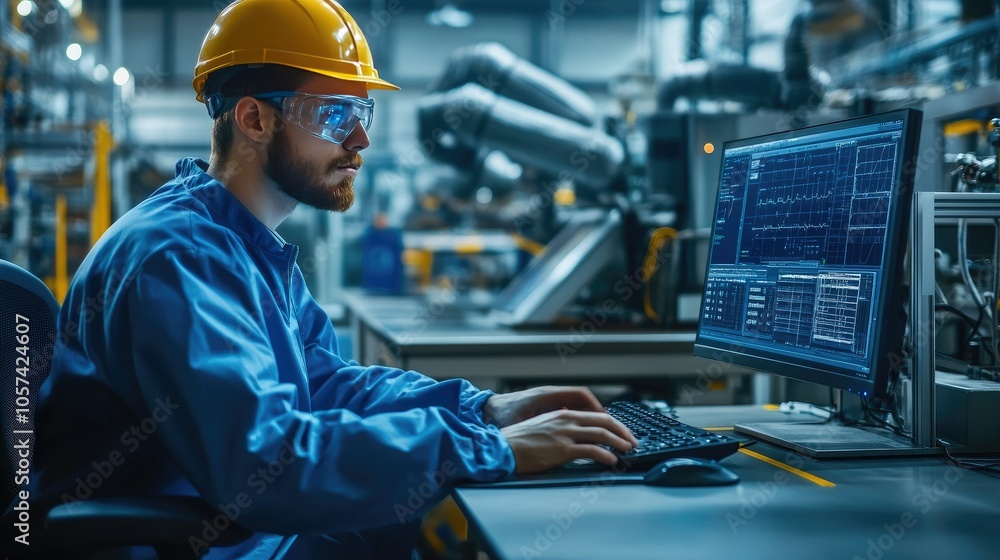 Poster Engineer in coveralls working at computer with medical electronics data in a cleanroom factory
