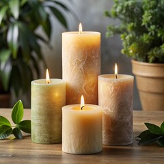 Candles in a Triangular Layout with Scattered Leaves on a Wooden Surface, Complemented by a Potted Plant and Gray Wall Backdrop