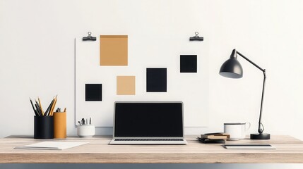 Modern Minimalist Workspace with Laptop and Desk Lamp