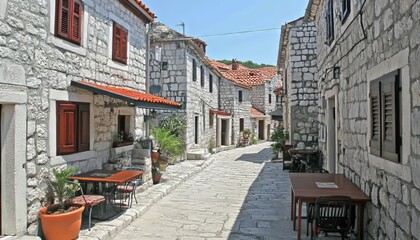 Obraz premium Narrow cobblestone street, Mediterranean town with old stone houses and vibrant green shutters.