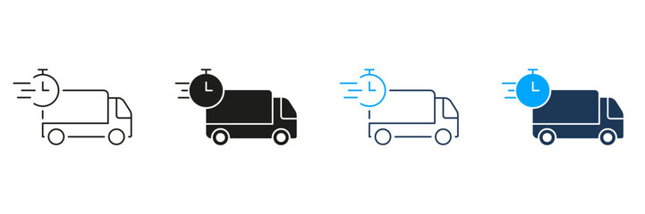 Delivery Time Line and Silhouette Icon Set. Express Shipping Vehicle Pictogram. Fast Deliver Symbol. Cargo Truck with Timer Sign, Free Shipment. Editable Stroke. Isolated Vector Illustration