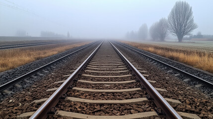 Fototapeta premium Lonely railway track fading into fog, symbolizing lost journeys and solitude